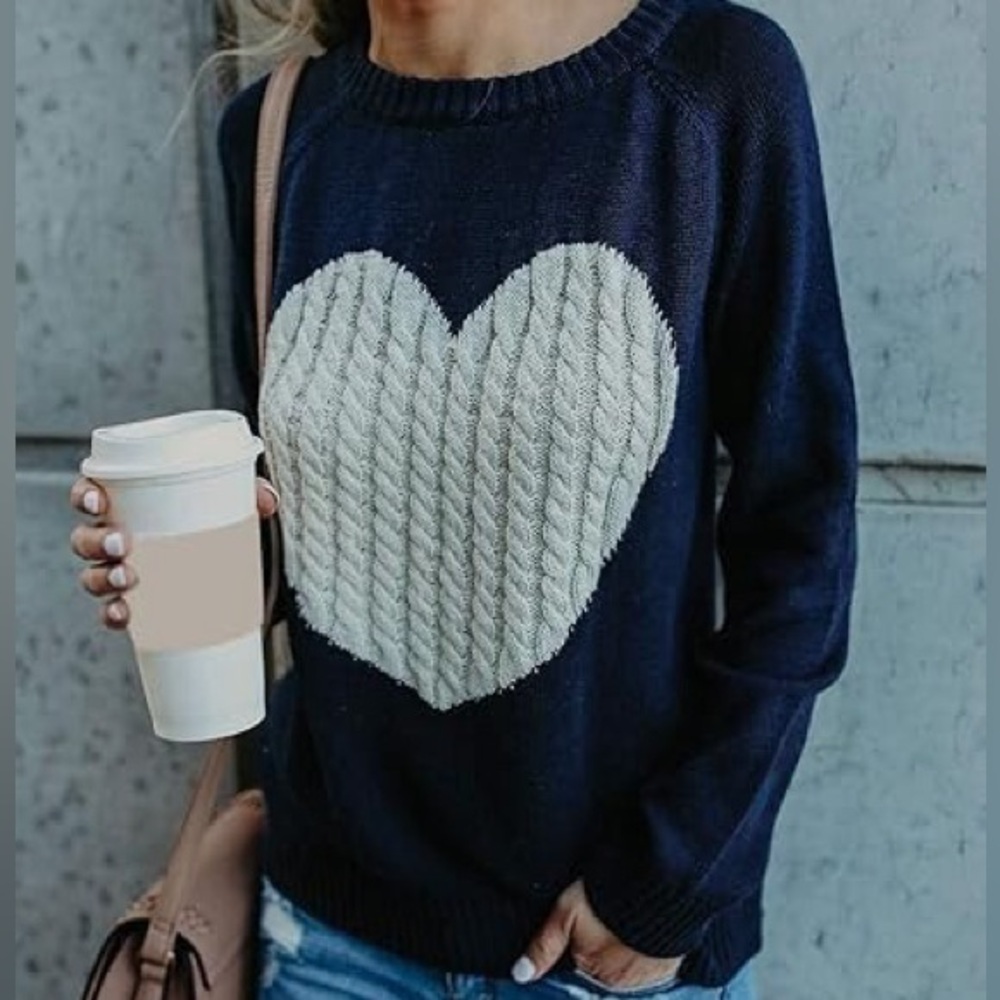 Yemak Crewneck Sweater Blue Heart Cable Knit Women’s Medium